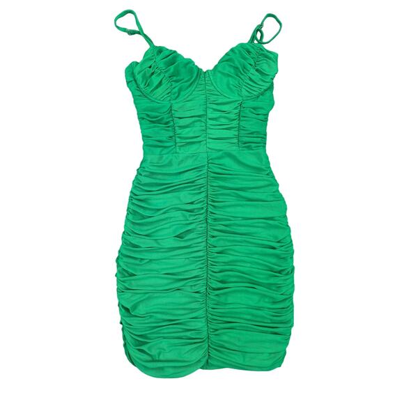 H:ours - Estelle Ruched Mini Dress in Kelly Green - Picture 1 of 4